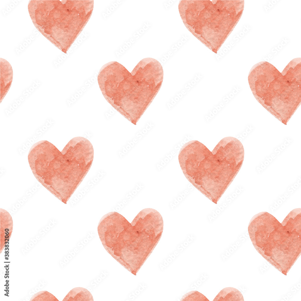 Seamless pattern with watercolor red hearts. Festive background, valentine's day, love, christmas. For printing, fabric, packaging, postcard, wallpaper, scrapbooking.