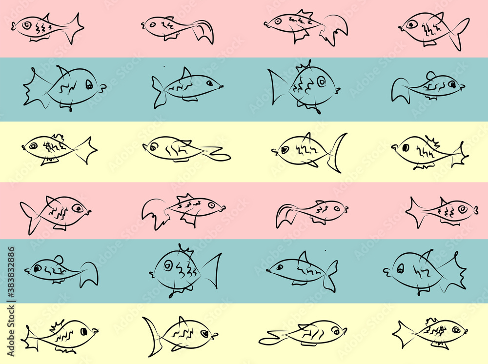 A set of vector images of different types of fish on a background of colored stripes. Hand-drawn pattern on the theme of fishing. Cartoon sketches of aquarium fish that swim in different directions