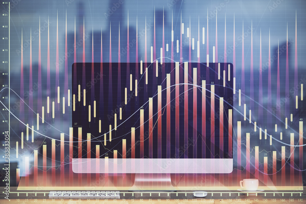 Forex market graph hologram and personal computer on background. Multi exposure. Concept of investment. Forex market graph hologram and personal computer on background. Multi exposure. Concept of investment.