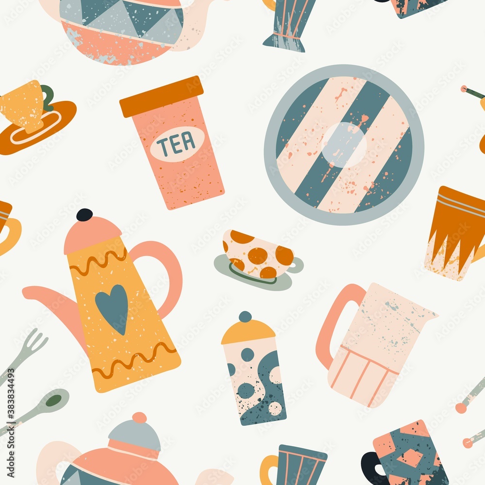 Utensil seamless pattern. Hand drawn textured colorful kitchen cartoon ceramic tableware, cute teapot, cup and mug, plate and bowl creative design textile, wrapping paper, wallpaper vector texture