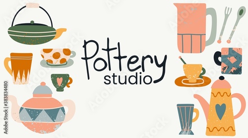 Hand made pottery studio. Vector background for home and restaurant, utensils shop. Ceramics banner poster flyer to promote workshop, hand drawn flat textured horizontal wallpaper with copy space
