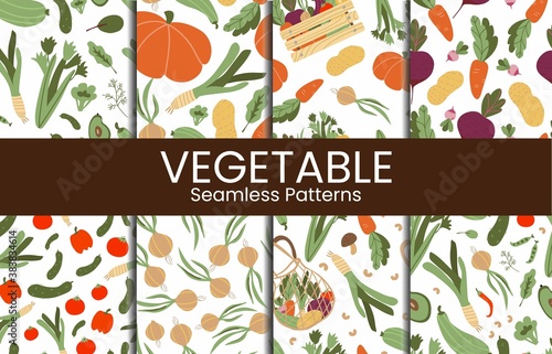 Vegetable seamless pattern collection. Autumn harvest, vegan eco farm food basket bag greens line doodle cartoon background. Creative design textile, wrapping paper, wallpaper vector texture set