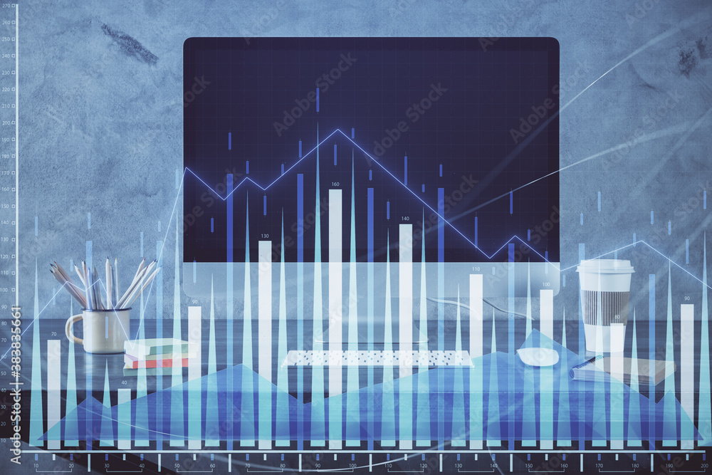 Forex market graph hologram and personal computer on background. Double exposure. Concept of investment. Forex market graph hologram and personal computer on background. Double exposure. Concept of investment.