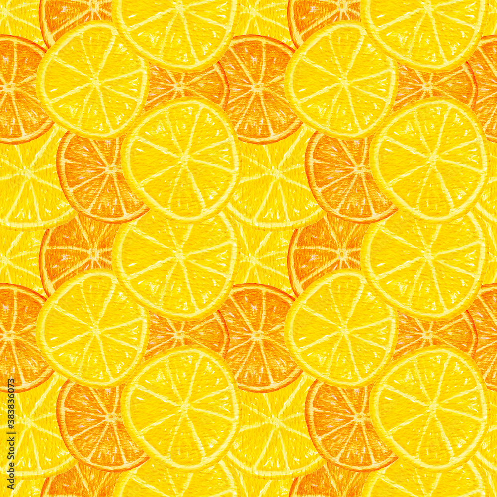 Citrus watercolor pattern with slices of lemon and orange. Bright design with fruits of orange and yellow colors. Design for wrappers, textiles, paper. Big slices.