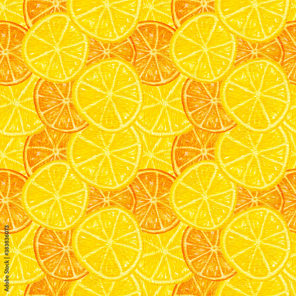 Citrus watercolor pattern with slices of lemon and orange. Bright design with fruits of orange and yellow colors. Design for wrappers, textiles, paper. Big slices. Citrus watercolor pattern with slices of lemon and orange. Bright design with fruits of orange and yellow colors. Design for wrappers, textiles, paper. Big slices.