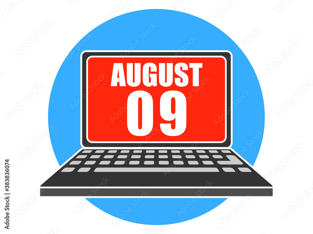 august 9th. Day 9 of month, Laptop with date on screen summer month, day of the year concept august 9th. Day 9 of month, Laptop with date on screen summer month, day of the year concept