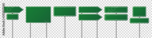 Road traffic signs set. Blank board with place for text. Mockup. Isolated green information sign. Direction. Vector illustration.