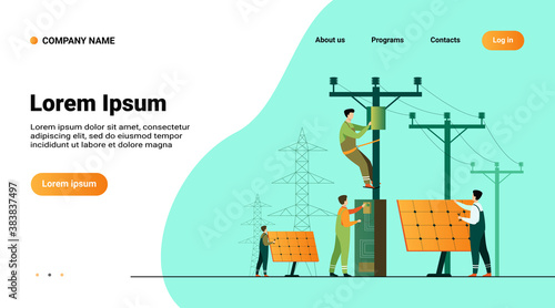 Solar power plant maintenance. Utility workers repairing electric installations, boxes on towers under power lines. For electric network operation, city service, renewable energy topics