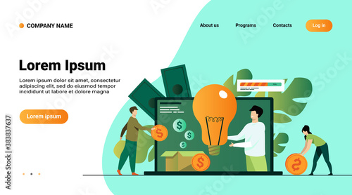 Investment and crowdfunding concept. People investing money to startup project, raising cash for donation on internet. Vector illustration for cooperation, business, sponsor topics