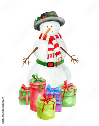 Watercolor snowman with gift boxes. Hand painted vintage Christmas illustration with snowman in black hat, scarf and presents isolated on white background. Winter symbol for New year card, design