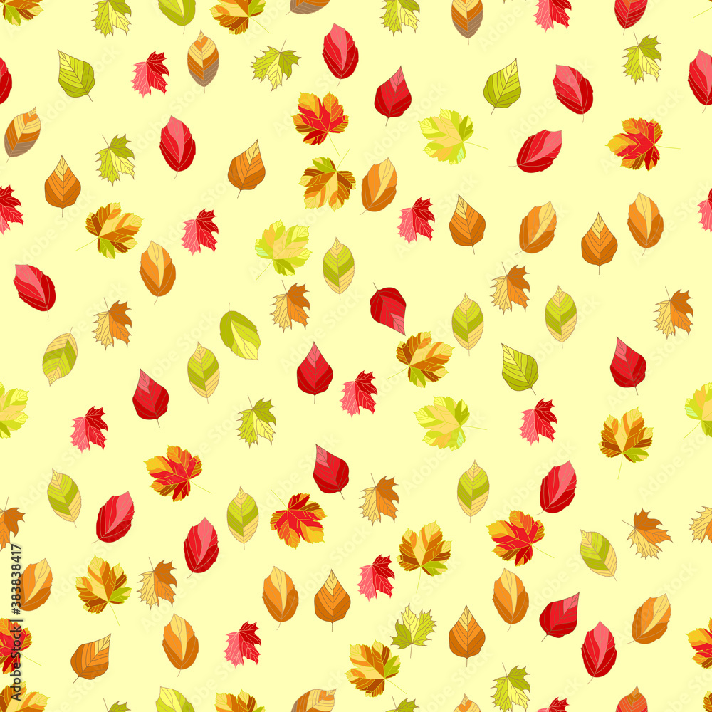 Seamless, Vector Abstract Image of Stylized Autumn Leaves On a Yellow Background. Application in Design and Textiles Possible Seamless, Vector Abstract Image of Stylized Autumn Leaves On a Yellow Background. Application in Design and Textiles Possible