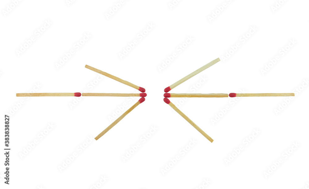 two arrow Facing each other of red matchsticks isolated on white background, Top view. Mockup. Flat lay composition. two arrow Facing each other of red matchsticks isolated on white background, Top view. Mockup. Flat lay composition.