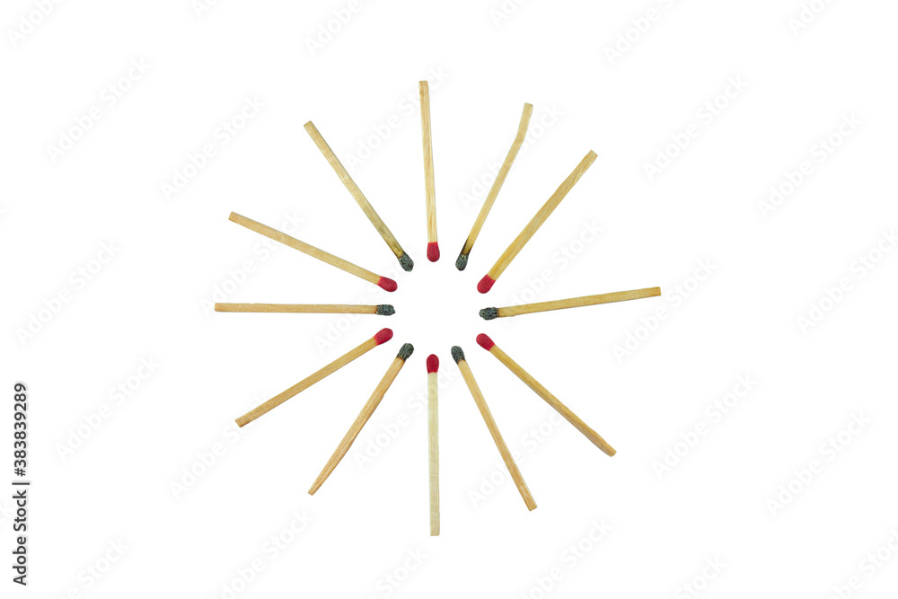 Group of red head matchsticks Frame in the circle shape isolated on white background, Top view. Mockup. Flat lay composition. Group of red head matchsticks Frame in the circle shape isolated on white background, Top view. Mockup. Flat lay composition.