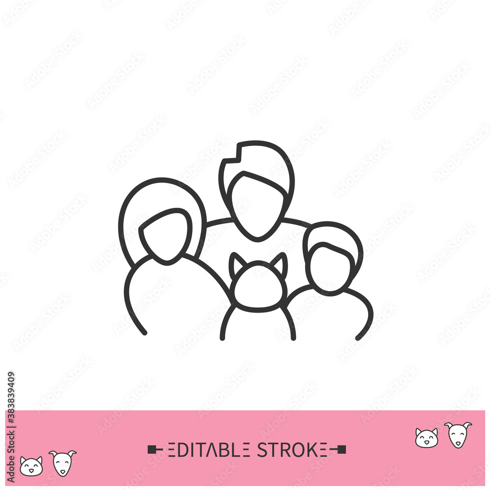 Cat in family line icon. Domestic animal. Animal adoption. Home pets life and pet owners community concept. Isolated vector illustration. Editable stroke Cat in family line icon. Domestic animal. Animal adoption. Home pets life and pet owners community concept. Isolated vector illustration. Editable stroke