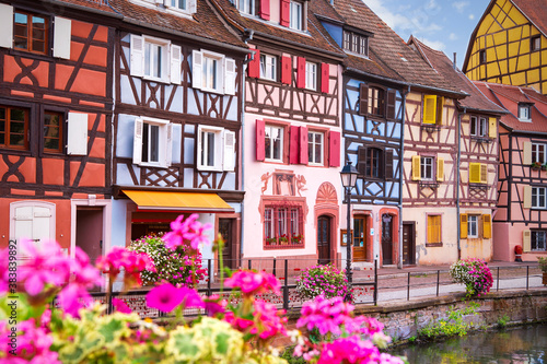Colourful Colmar village. Close-up of timbered buildings, panorama of old town architecture. Summer in Alsace, France.