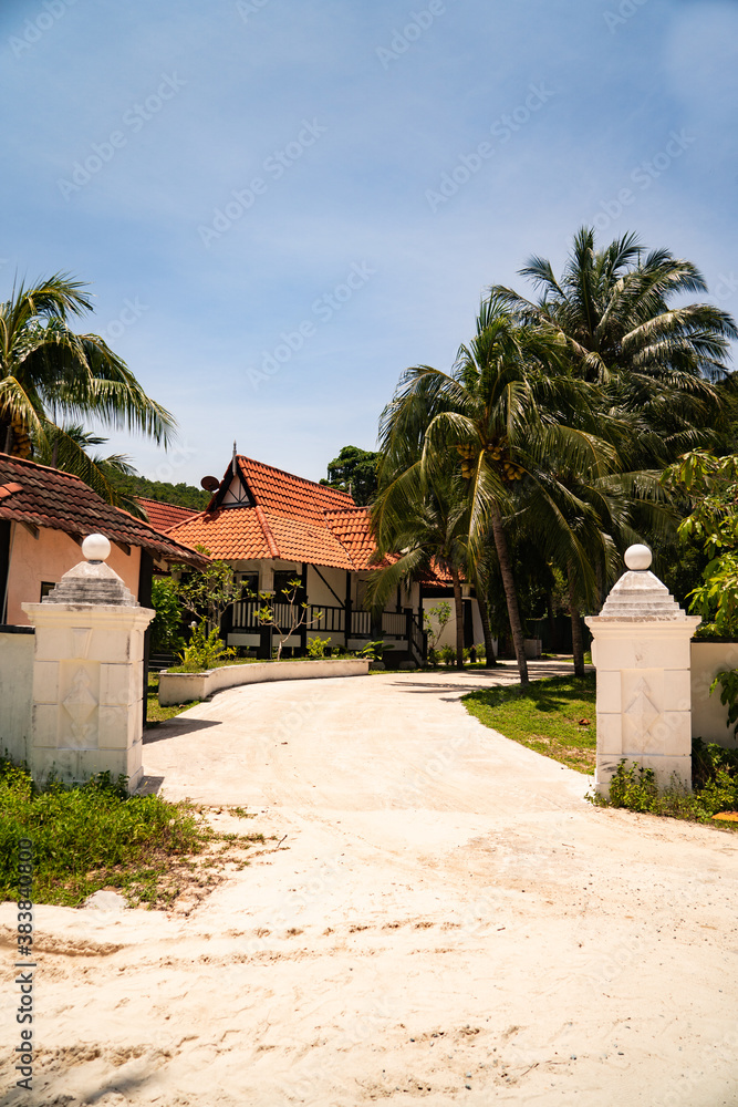 September 25, 2020, Redang Island, Terengganu, Malaysia : Beautiful white classic architectural building with tropical concept