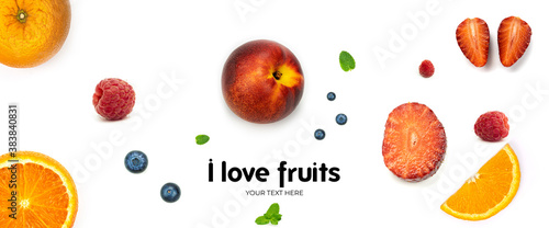 Fototapeta Naklejka Na Ścianę i Meble -  Fruits on white background. Long header banner format. Panorama website header banner. High quality photo