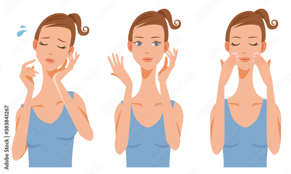 Beautiful woman's face. Comfortable face and troubled face. Beauty, skincare, makeup concept. Vector illustration isolated on white background. Beautiful woman's face. Comfortable face and troubled face. Beauty, skincare, makeup concept. Vector illustration isolated on white background.