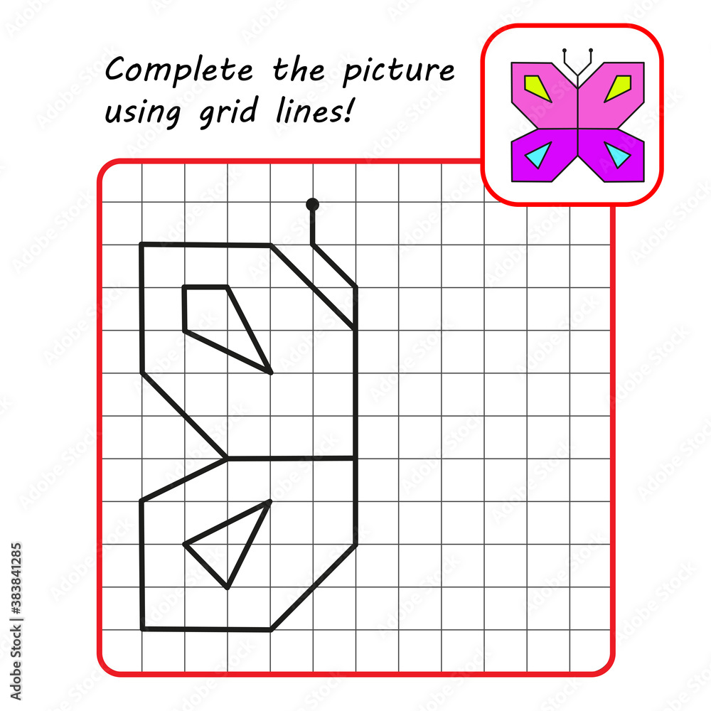 Educational game for kids. Simple exercise. Butterfly drawing using grid. Vector illustration. Educational game for kids. Simple exercise. Butterfly drawing using grid. Vector illustration.