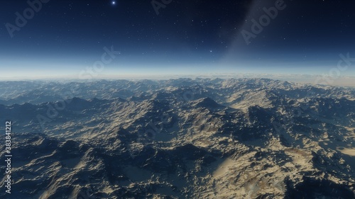 beautiful space view, view from an alien planet, exoplanet surface, fantastic planet 3D render