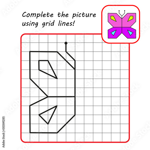 Educational game for kids. Simple exercise. Butterfly drawing using grid. Vector illustration. photo
