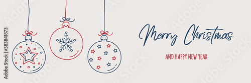 Xmas banner. Concept of hanging Christmas balls with hand drawn ornaments. Vector