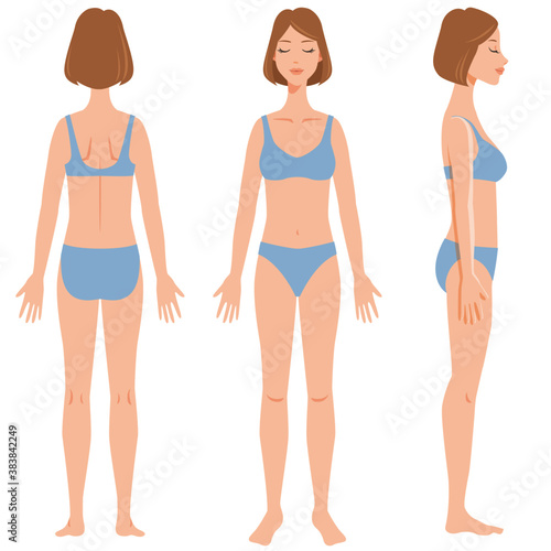 Whole body of young woman. Front, side, and back. Vector illustration in flat cartoon style. Isolated on white background.