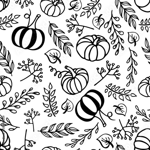 Fototapeta Naklejka Na Ścianę i Meble -  Seamless pattern with autumn elements. Linear black and doodle sketch. Pumpkin, leaf, berries, twig, lettering. Hand drawn fall design for wallpaper, wrapping, textile. Autumn nature illustration.