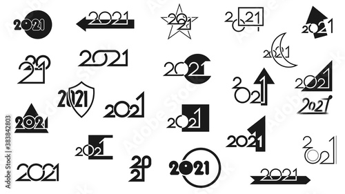 Set of black happy new year 2021 icons made in different styles and compositions