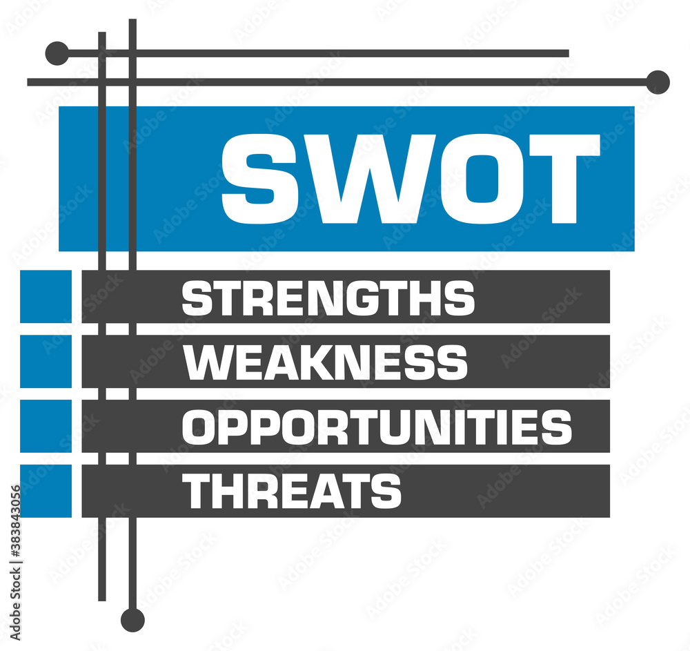 SWOT - Strengths Weakness Opportunities Threats Blue Grey Boxes Top Bottom Squares 