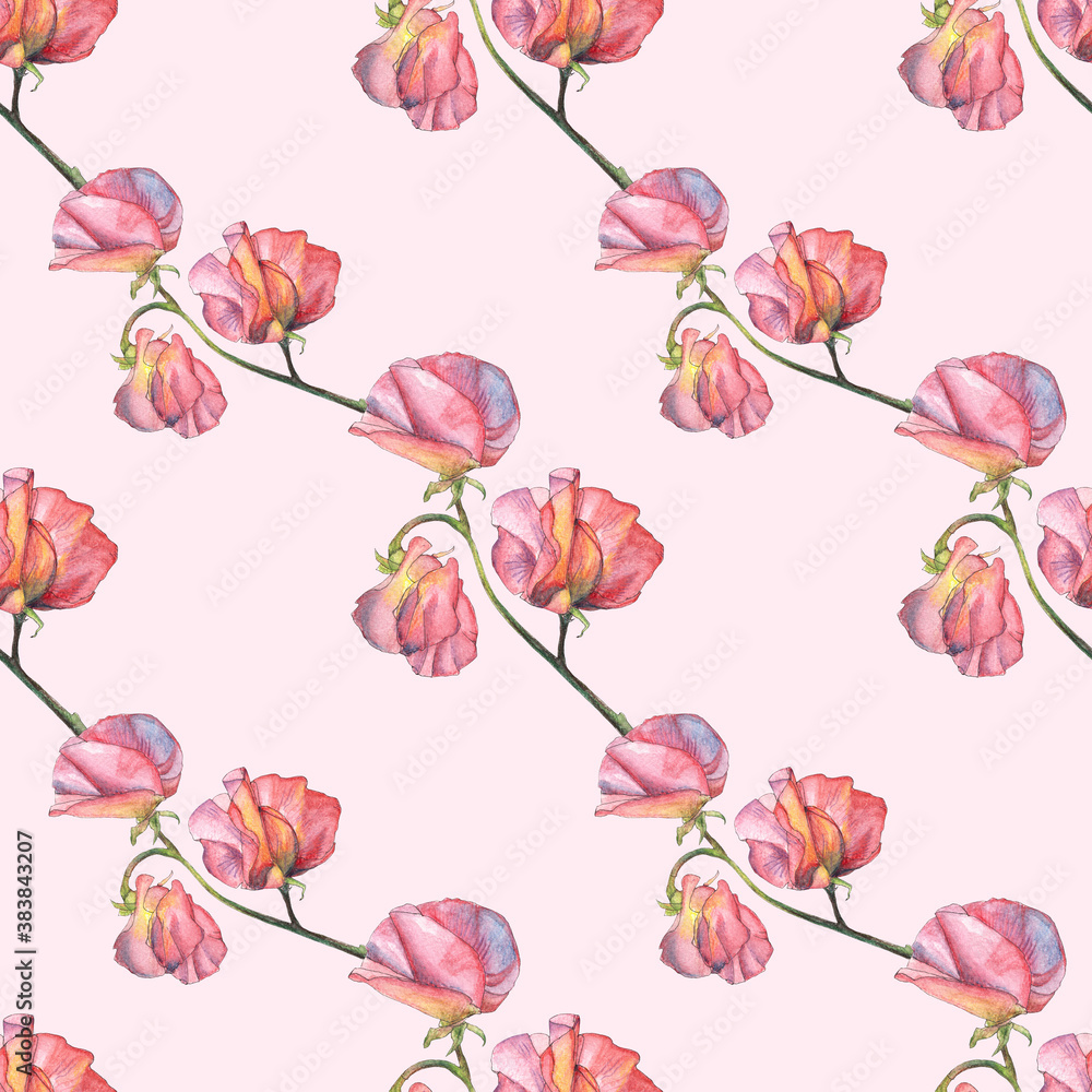 Pink flower. Seamless pattern. Botanical illustration. Watercolor painting. Packaging design, textile and fabric design, wallpaper design, wrapping paper, stationery and web design.