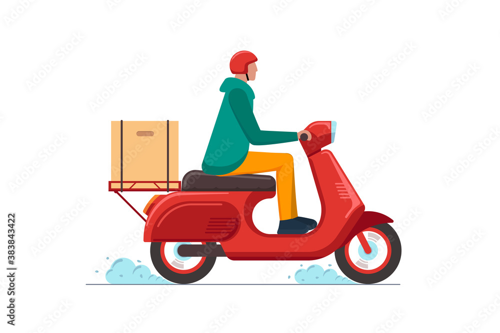 Express delivery service courier on scooter concept. Online fast logistic male on bicycle moped with orders parcel box. Goods or food carrying vector isolated flat illustration Express delivery service courier on scooter concept. Online fast logistic male on bicycle moped with orders parcel box. Goods or food carrying vector isolated flat illustration