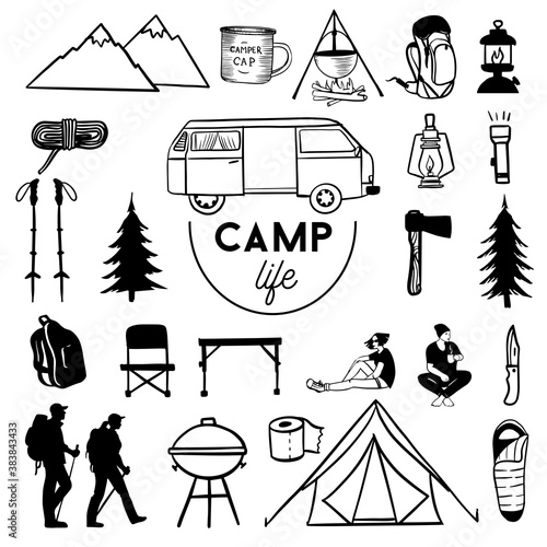 Van life poster. Watercolor ansd sketch vector illustration.
