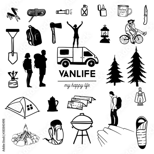 Van life poster. Watercolor ansd sketch vector illustration.
