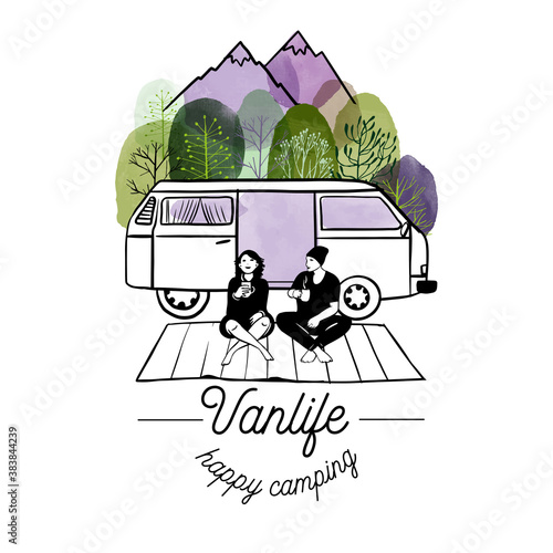 Van life poster. Watercolor ansd sketch vector illustration.