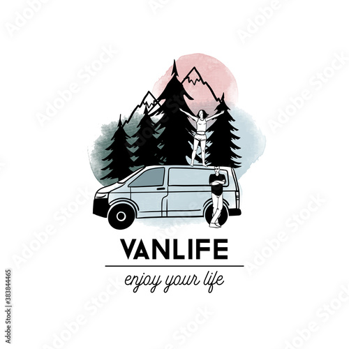 Van life poster. Watercolor ansd sketch vector illustration.