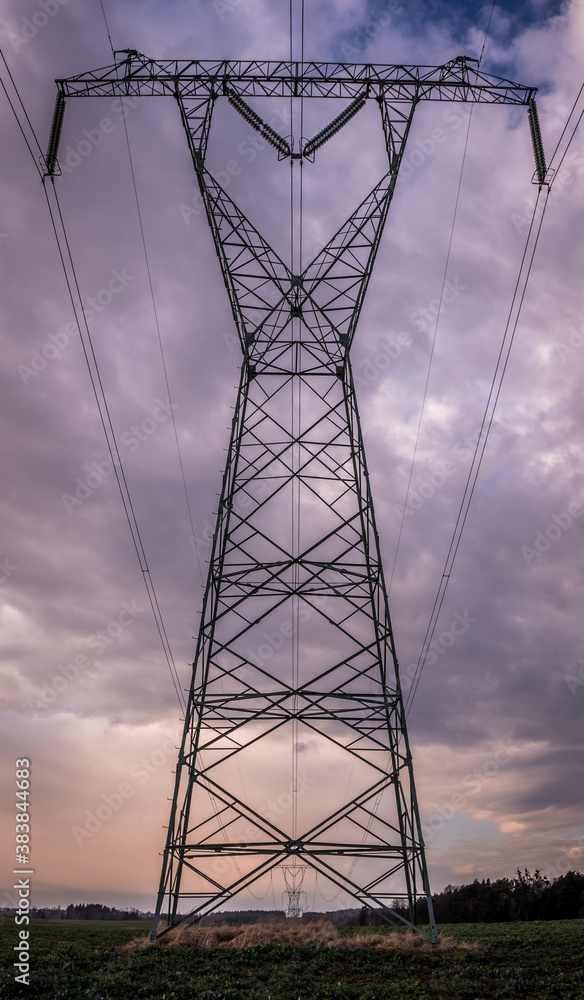 Power tower with high voltage lines.