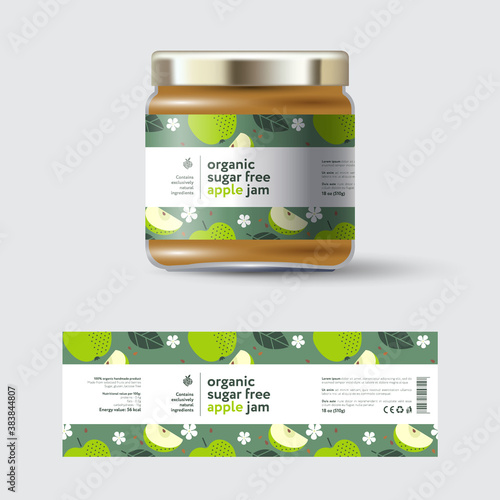 Apple Jam label and packaging. Jar with cap with label. White strip with text and on seamless pattern with fruits, flowers and leaves.