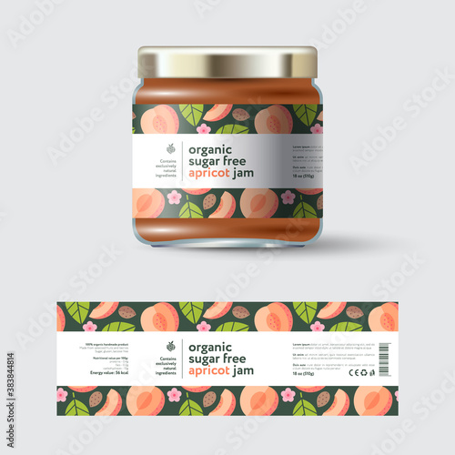 Apricot Jam label and packaging. Jar with cap with label. White strip with text and on seamless pattern with fruits, flowers and leaves.