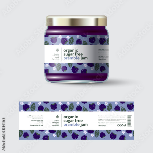 Bramble Jam label and packaging. Jar with cap with label. White strip with text and on seamless pattern with berries, flowers and leaves.