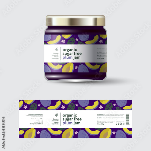 Plum Jam label and packaging. Jar with cap with label. White strip with text and on seamless pattern with fruits, flowers and leaves.