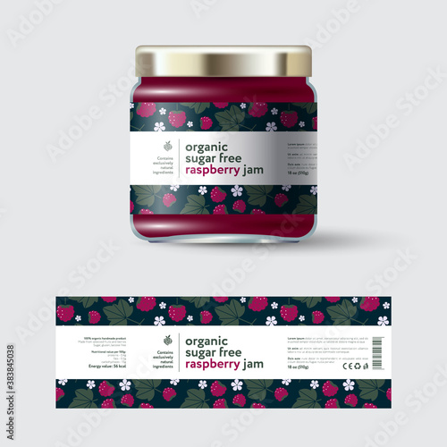 Raspberry Jam label and packaging. Jar with cap with label. White strip with text and on seamless pattern with berries, flowers and leaves photo