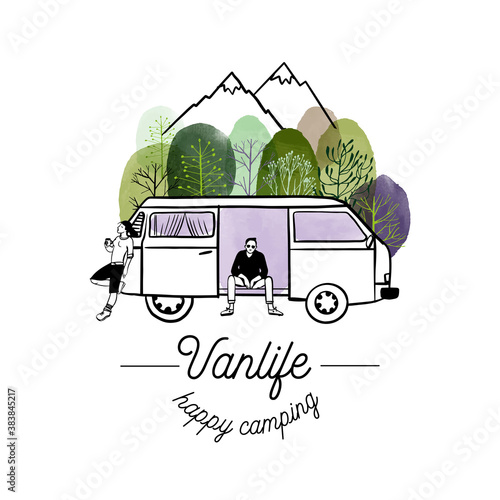 Van life poster. Watercolor ansd sketch vector illustration.