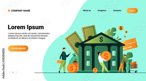 People with money walking to bank building. Queue of characters carrying cash near bank office. Vector illustration for finance, loan, credit department concept