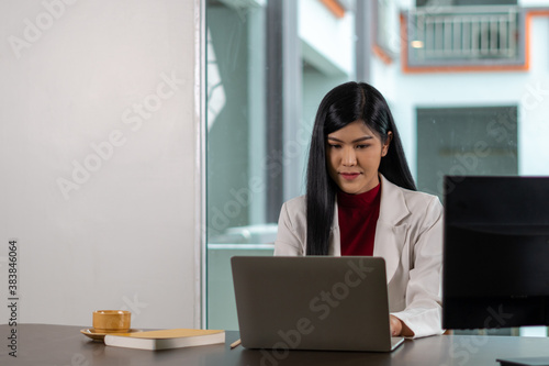 Portrait of young business woman using laptop computer on desk in office.