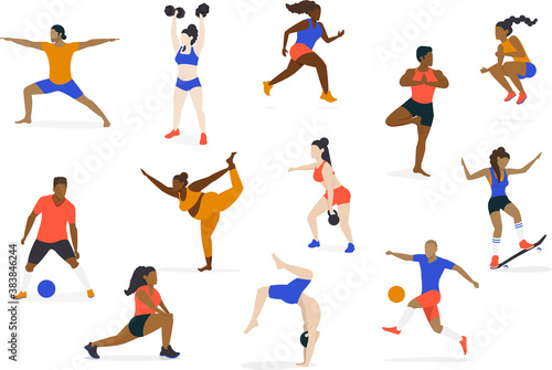 Set of Multicultural Athletes and Healthy Active People doing yoga, running, jumping, stretching, playing soccer, lifting weights and skateboarding - Diversity Character Concept
