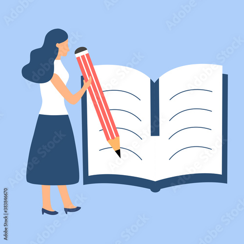 Woman holding giant pencil to write on textbook. Book content writing vector illustration. Writer working for publishing.