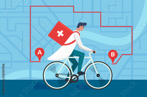 Medicine pharmacy delivery. Male doctor riding bicycle with medical surgical sanitary box first aid on city street map plan and navigation route. Therapist pharmacist on cycle vector flat illustration