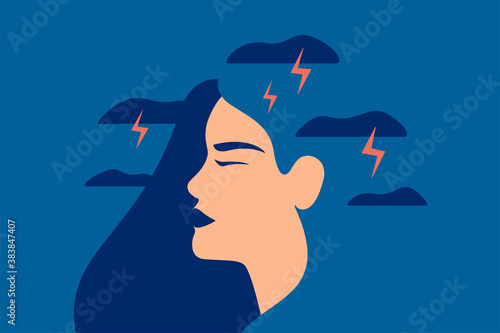 Sad girl with nervous problems feels anxiety and tension. Young woman has chronic fatigue, stress and confusion of thoughts. Vector flat illustration