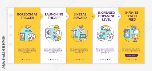 Social network overuse onboarding vector template. Launching app. Increased dopamine level. Responsive mobile website with icons. Webpage walkthrough step screens. RGB color concept